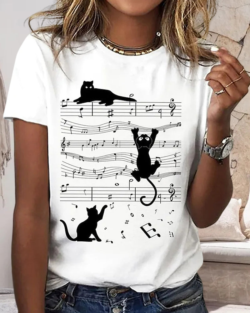 Andrea's™ | Rundhals-T-Shirt mit musikalischem Katzendruck