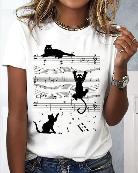 Andrea's™ | Rundhals-T-Shirt mit musikalischem Katzendruck