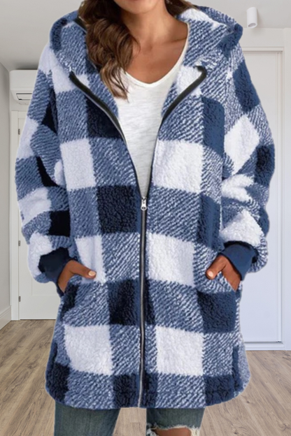 Andrea’s™ | Blau-karierte Sherpa-Kapuzenjacke