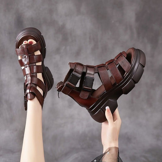 Andrea's™ | Retro-Plateausandalen aus Leder mit Durchbrüchen