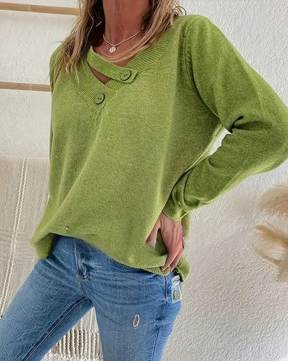 Andrea's™ | Pullover V-Ausschnitt Knopf unifarben
