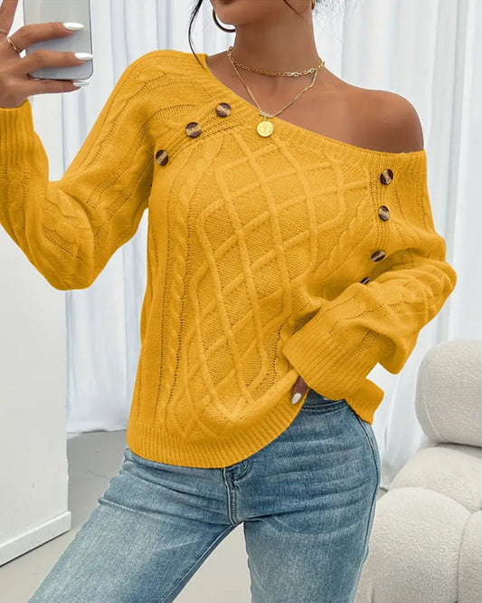 Andrea's™ | Pullover Uni Raglanärmel Schnalle Zopfmuster