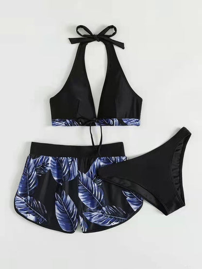 Andrea's™ | 3-teiliges Bikini-Set mit Blätterdruck und Shorts