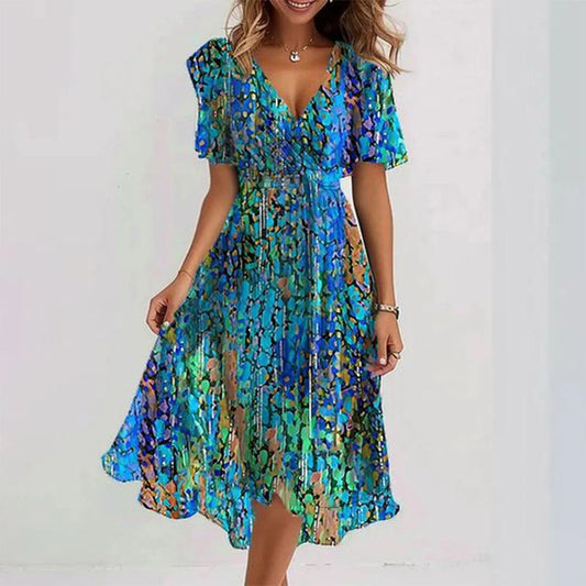 Andrea's™ | Chiffon bedruckte Kurzarm-Sommer-V-Ausschnitt-Kleider