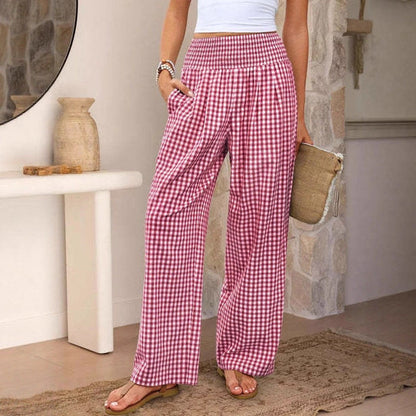 Karierte Freizeithose, locker geschnitten, Damenmode, weite Hose mit Taschen