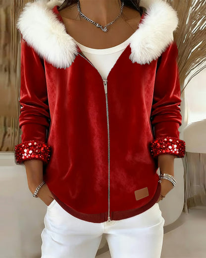 Andrea's™ | Mantel Mit Kapuze Pelzkragen Samt