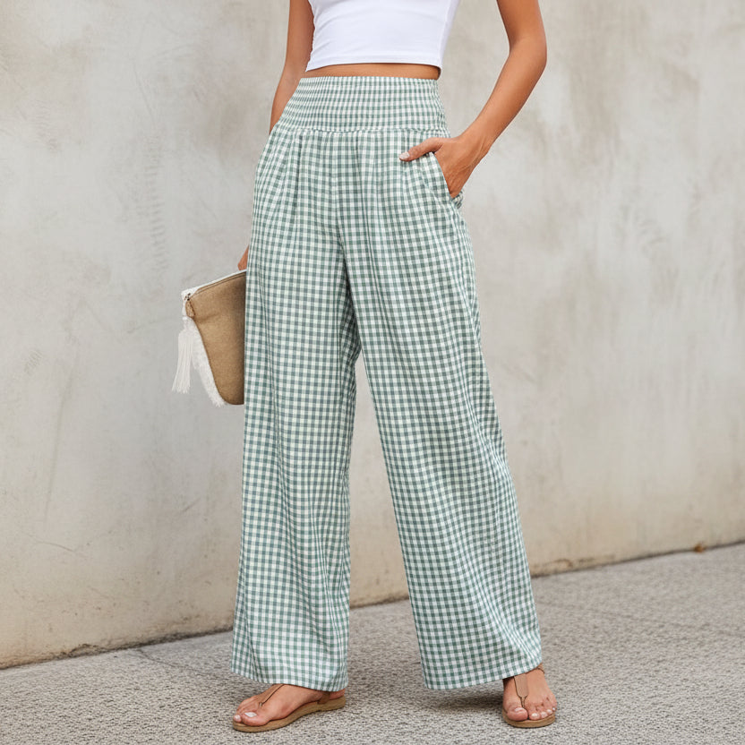 Karierte Freizeithose, locker geschnitten, Damenmode, weite Hose mit Taschen