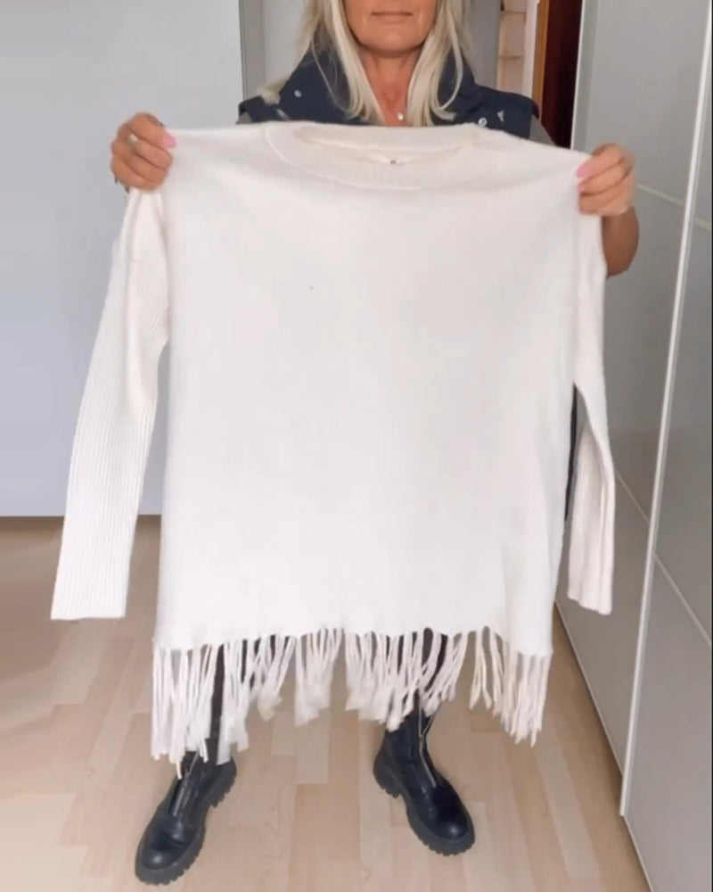 Andrea's™ | Einfarbiger Freizeitpullover mit Fransen