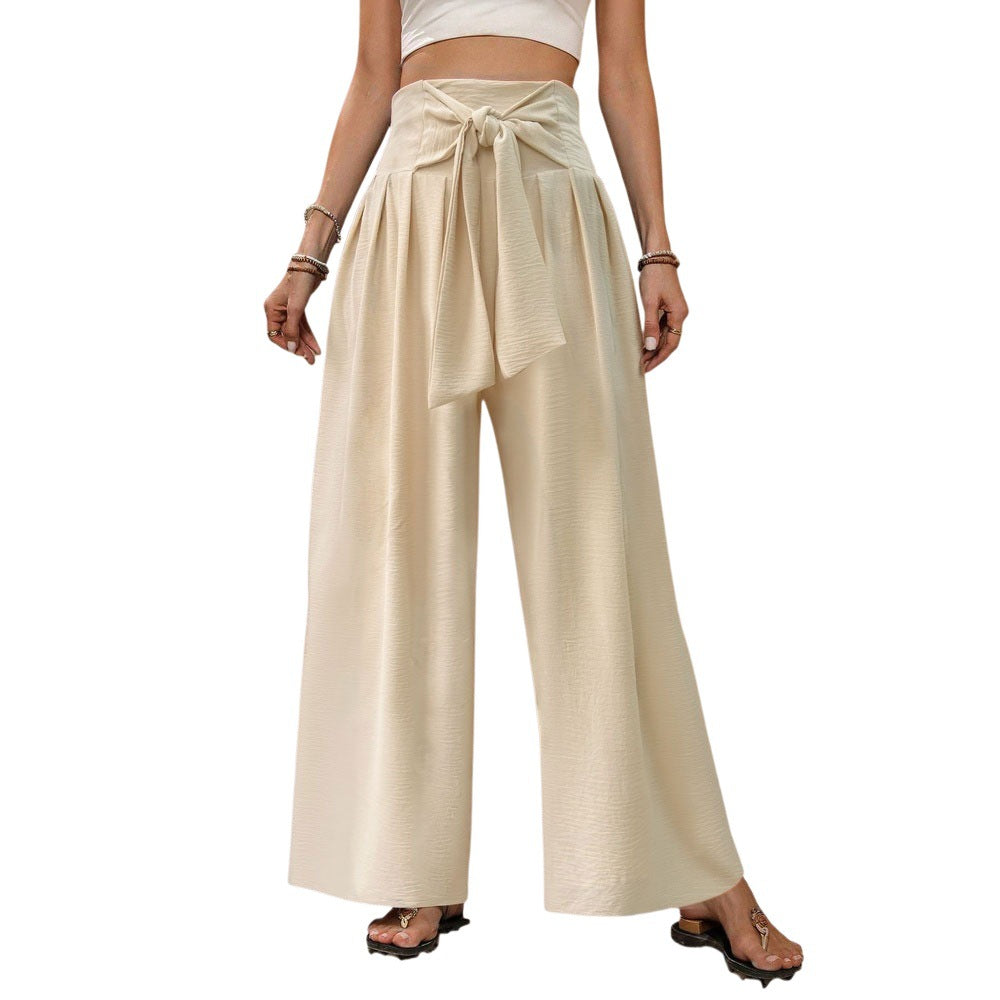 Damen-Freizeithose mit hohem Bund, Bindeband vorne, weitem Bein und hohem, fließendem Schnitt, einfarbig, in Unifarben.
