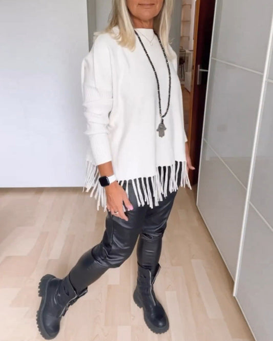 Andrea's™ | Einfarbiger Freizeitpullover mit Fransen