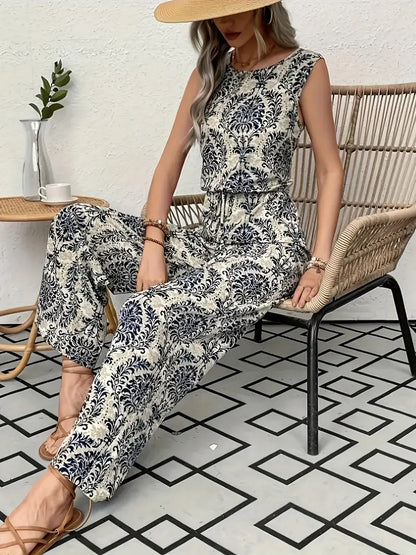 Damen-Set aus bedrucktem, ärmellosem Top und weit geschnittener Hose