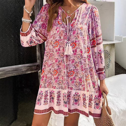 Boho-Blumenkleid von Andrea Serena mit V-Ausschnitt, Midi-Länge