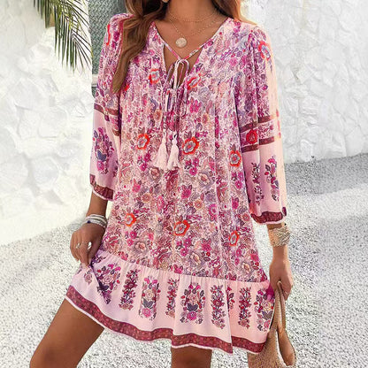 Bohemian Floral Andrea Serena V-Neck Midi Dress