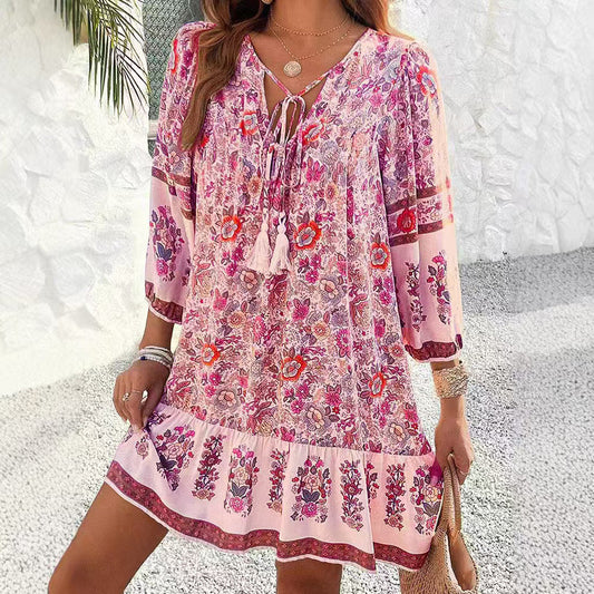 Bohemian Floral Andrea Serena V-Neck Midi Dress