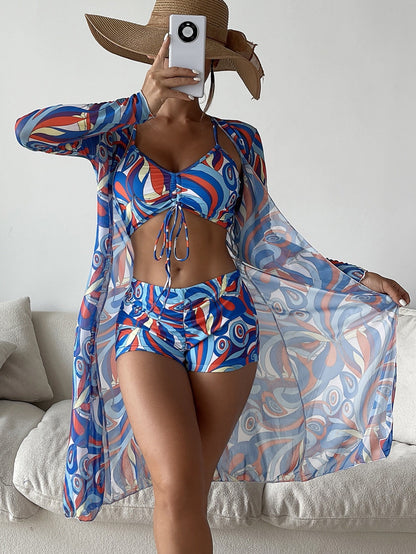 Andrea's™ | 3-teiliges Bikini-Set mit Print und langärmligem Überwurf