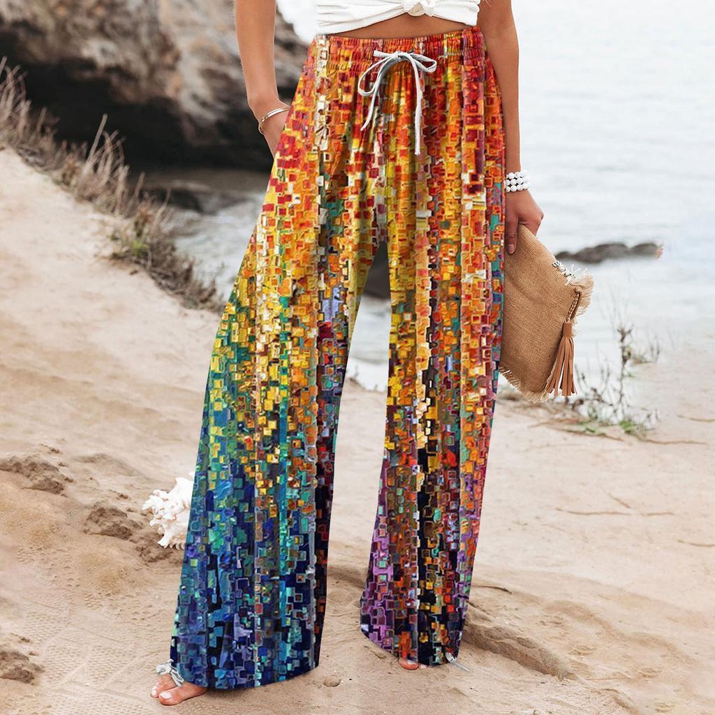 Boho-Hose mit botanischem Muster von Andrea Serena für Damen mit weitem Bein