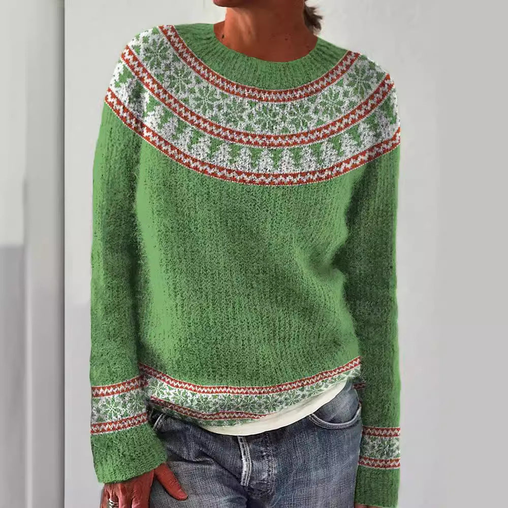 Andrea's™ | Frühlingsgrüner Strickpullover mit Schneeflocken-Rundpasse
