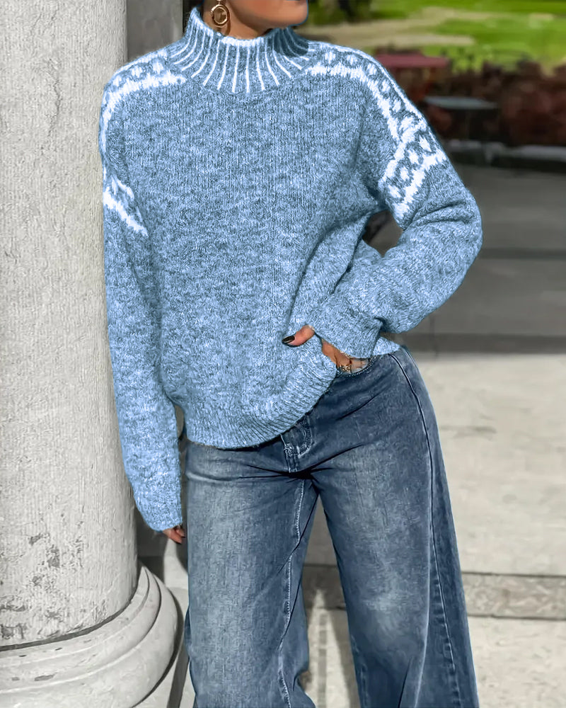 Andrea's™ | Pullover Stehkragen Gemustert Kontrast