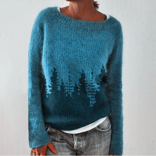 Andrea's™ | Petrolblauer Strickpullover mit Waldsilhouetten-Motiv