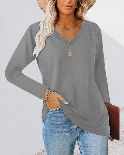 Andrea's™ | Einfarbiges Langarm-T-Shirt mit V-Ausschnitt