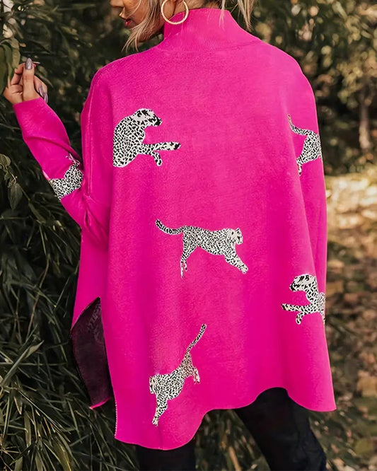 Andrea's™ | Stilvoller, lockerer pullover mit hohem kragen und leopardenmuster