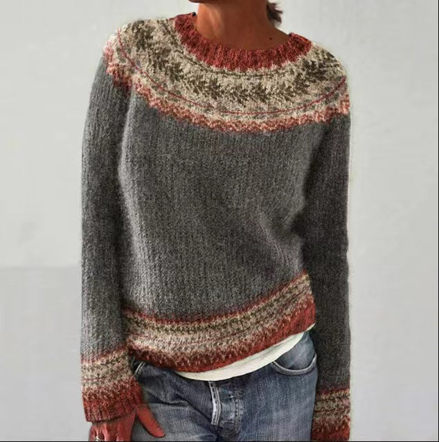 Andrea's™ | Anthrazitgrauer Strickpullover mit erdiger Rundpasse und Saumbordüre