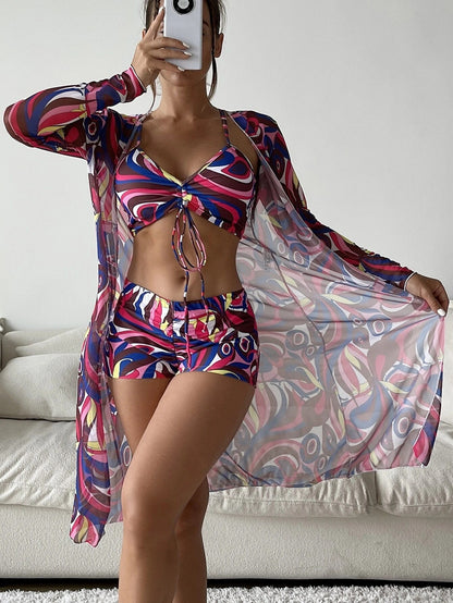 Andrea's™ | 3-teiliges Bikini-Set mit Print und langärmligem Überwurf