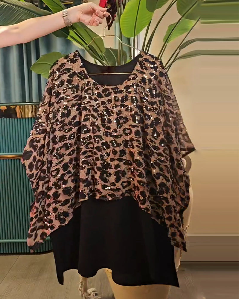 Andrea's™ | T-Shirt Leopardenmuster mit Pailletten Fledermausärmel