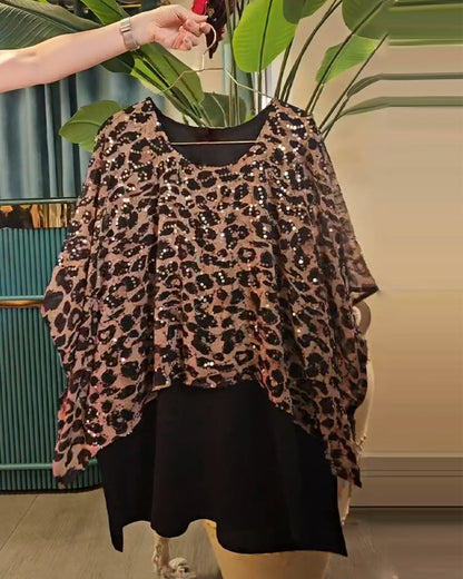 Andrea's™ | T-Shirt Leopardenmuster mit Pailletten Fledermausärmel