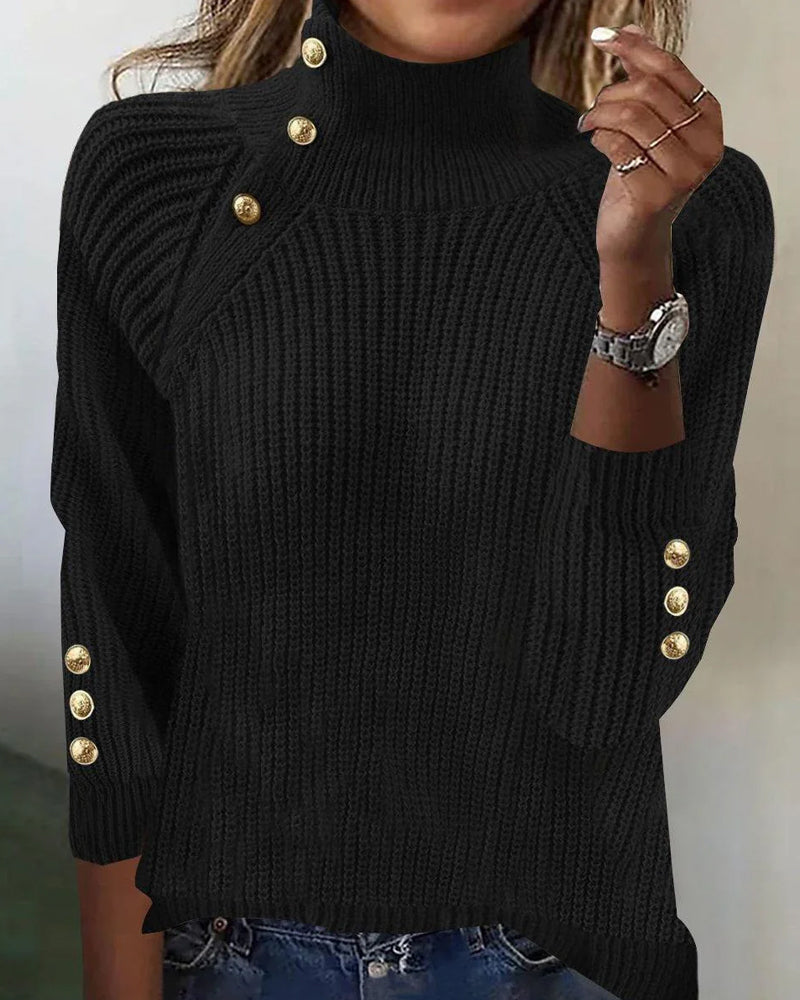 Andrea's™ | Pullover Mit Hochkragen-Design, Metallknöpfen Und Einfarbig