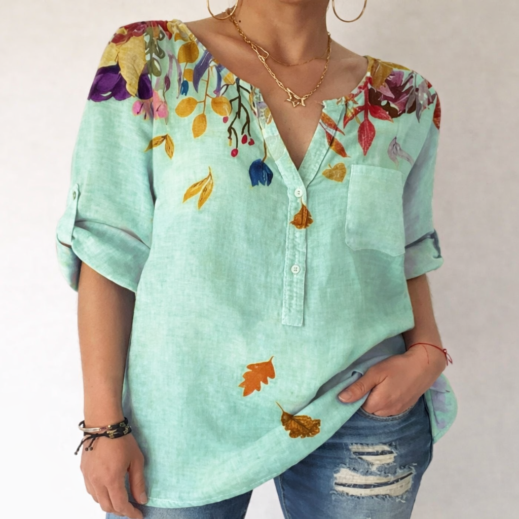 Bedruckte Baumwollbluse mit V-Ausschnitt von Andrea Serena