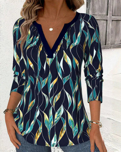 Andrea's™ | T-Shirt lässiger Blätterdruck V-Ausschnitt