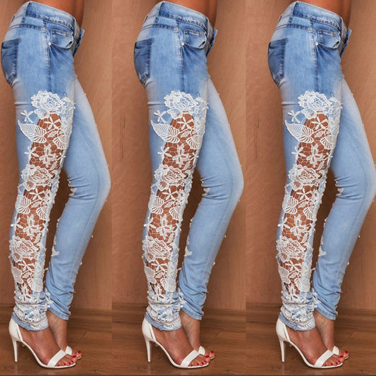 Andrea's™ | mit Spitzen-Details – Elegante Florale Denim-Hose