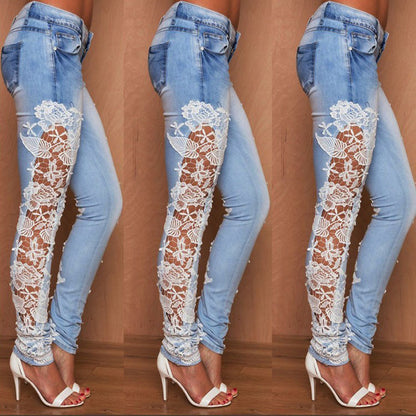 Andrea's™ | mit Spitzen-Details – Elegante Florale Denim-Hose
