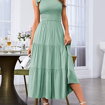 Andrea's™ |  Sommermode Ein-Schulter-Kleid mit plissiertem, geschichtetem Saum, geteilt