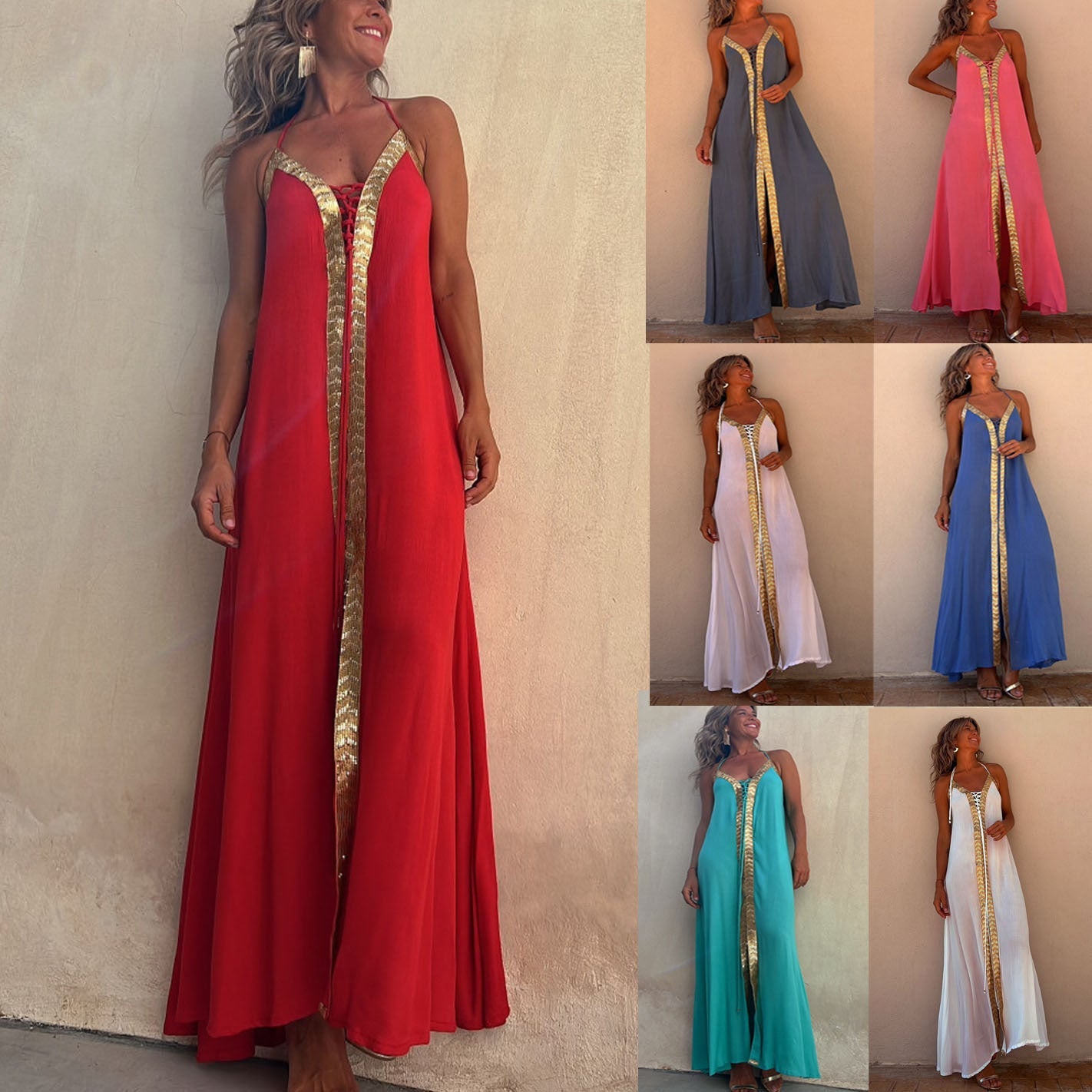Elegant Lace-Up Halterneck Dress by Andrea Serena