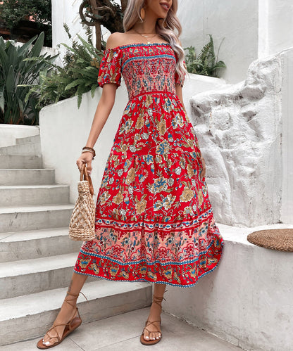 Boho-Blumenkleid von Andrea Serena mit schulterfreiem Ausschnitt und Midi-Länge