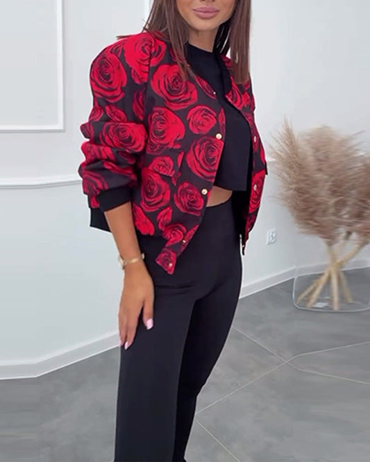 Andrea's™ | Lässige Jacke mit Knöpfen und Rosen-Print