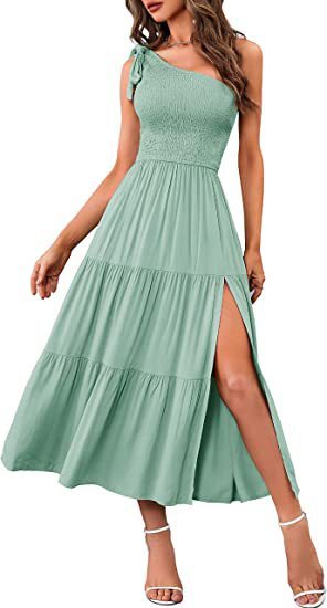 Andrea's™ |  Sommermode Ein-Schulter-Kleid mit plissiertem, geschichtetem Saum, geteilt