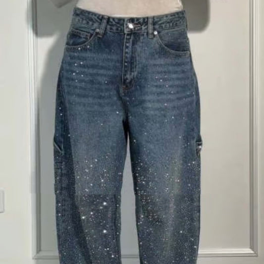 Andrea's™ | Glänzende, locker geschnittene Jeans mit weitem Bein und Taschen