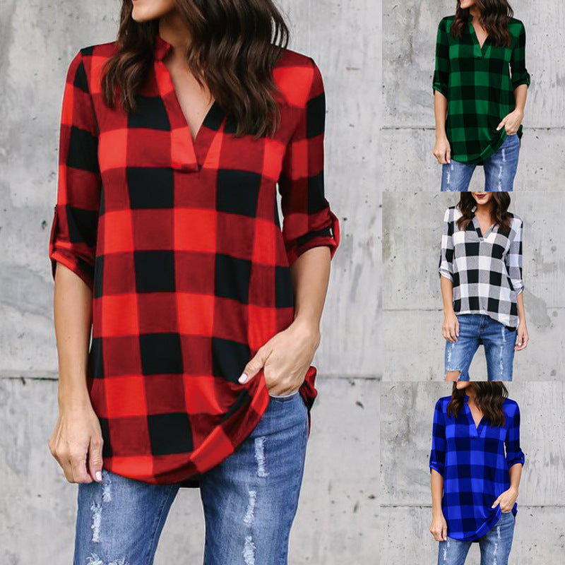 Plaid V-Neck Loose Blouse by Andrea Serena