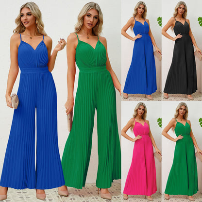 Jumpsuit mit V-Ausschnitt, Trägern, Falten, einfarbig, lockere, gerade Hose, Damenbekleidung