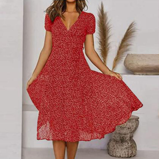 Andrea's™ | Bedrucktes V-Ausschnitt Kurzarm Schnürkleid