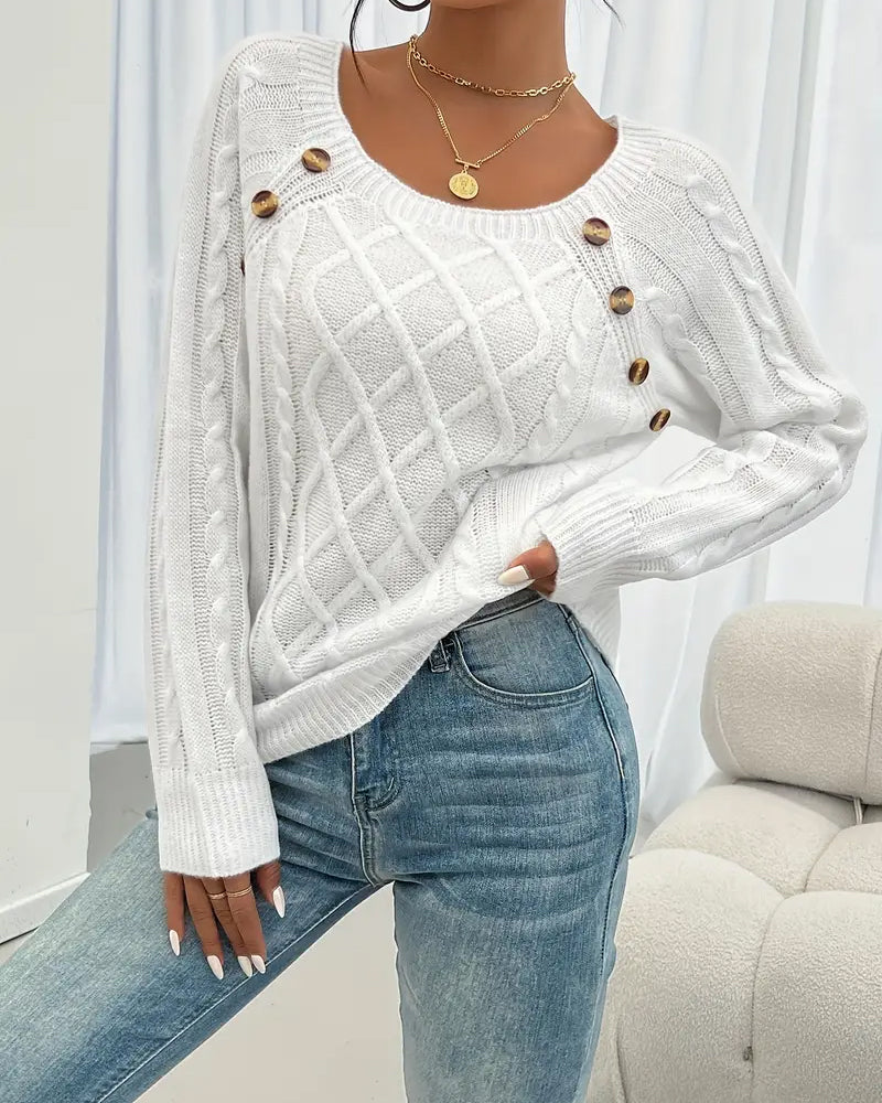 Andrea's™ | Pullover Uni Raglanärmel Schnalle Zopfmuster