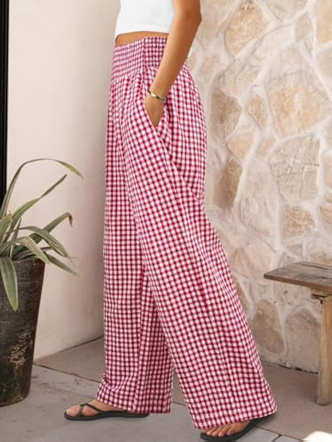 Karierte Freizeithose, locker geschnitten, Damenmode, weite Hose mit Taschen