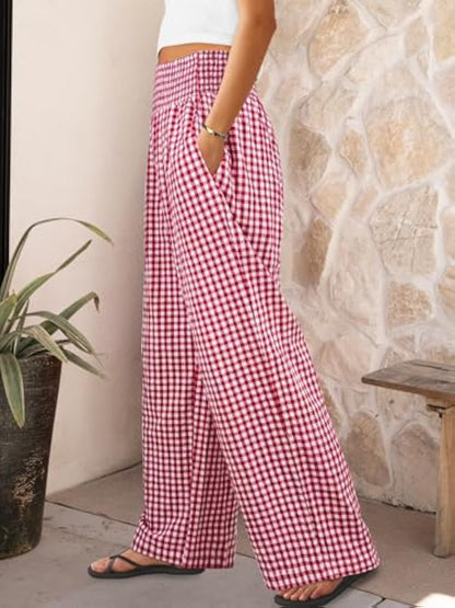 Karierte Freizeithose, locker geschnitten, Damenmode, weite Hose mit Taschen