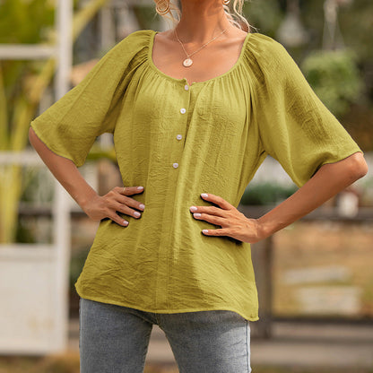 Chic Square Collar Top Andrea Serena Short Sleeve