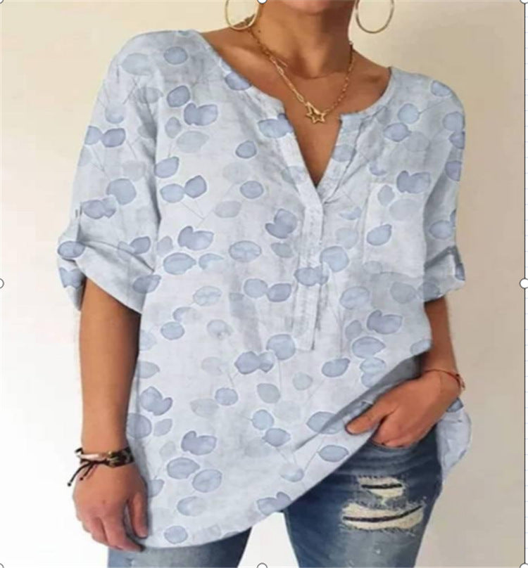 Bedruckte Baumwollbluse mit V-Ausschnitt von Andrea Serena