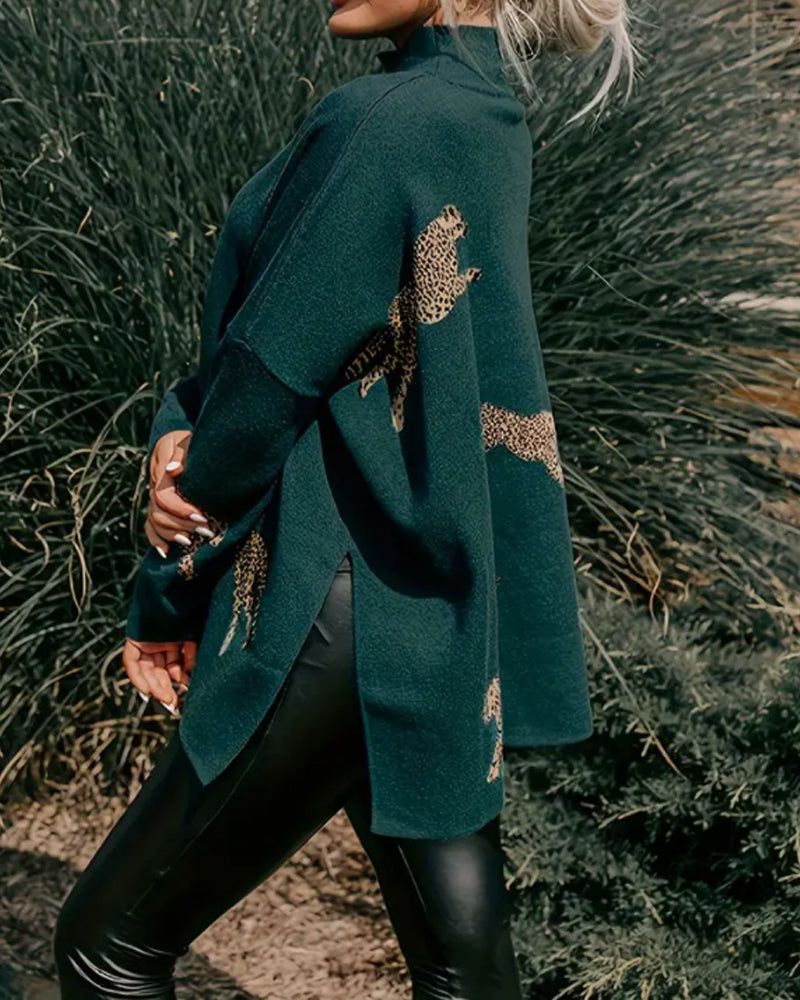 Andrea's™ | Pullover hoher Kragen locker Leopardenmuster
