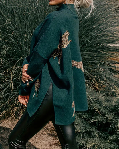 Andrea's™ | Pullover hoher Kragen locker Leopardenmuster
